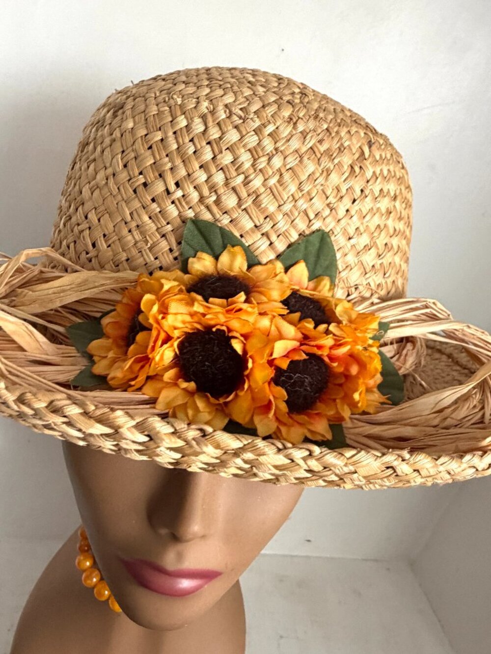 Vintage Straw Sun Hat Sunflower Natural Woven Bowler Panama Rolled Brim Hat